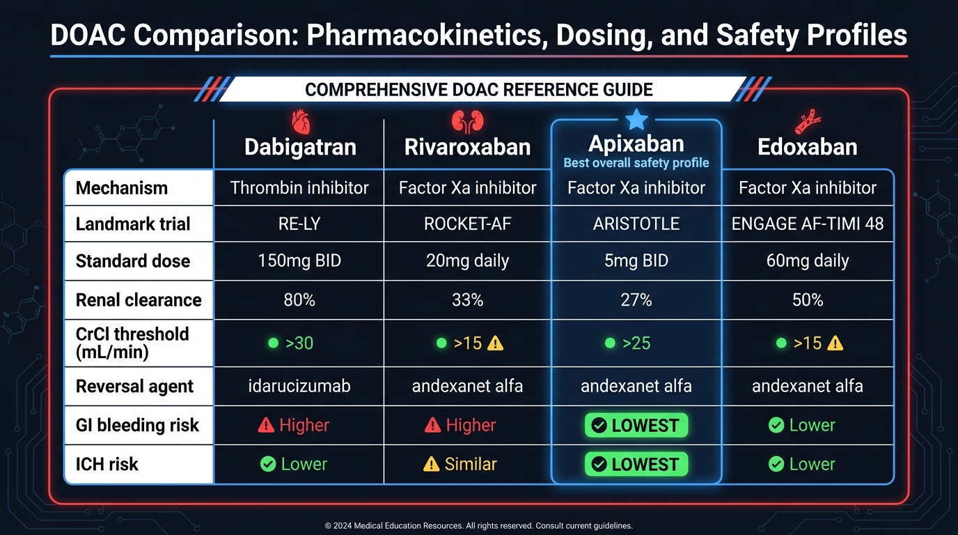 DOAC Comparison Table: Pharmacokinetics, Dosing, and Key Trial Data