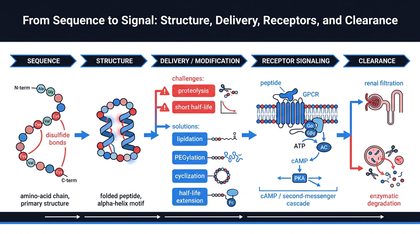Peptide structure, delivery, receptor signaling, and clearance