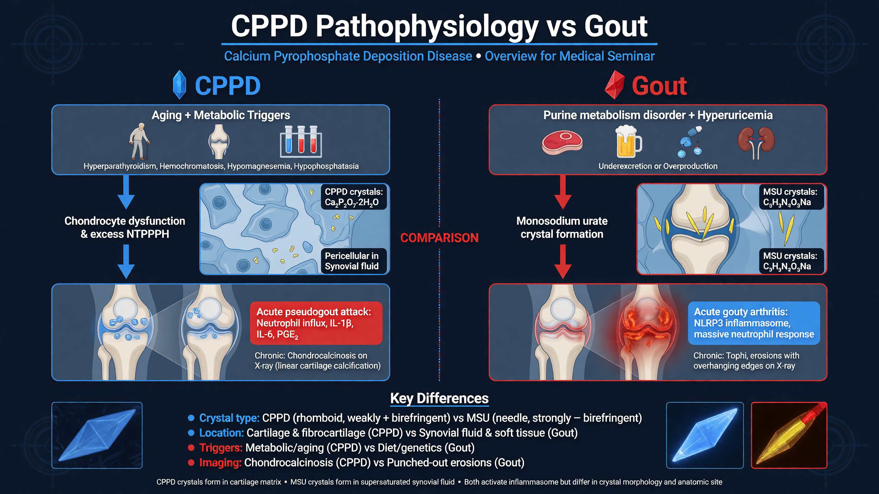 Illustration of CPPD pathophysiology compared to gout